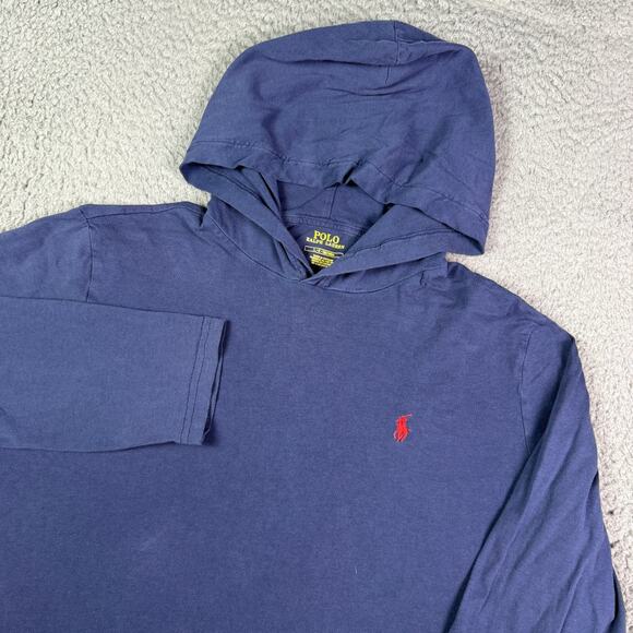 Polo Ralph Lauren Jersey Hooded T-Shirt Mens M Blue Red Long Sleeve Lightweight - Picture 1 of 9